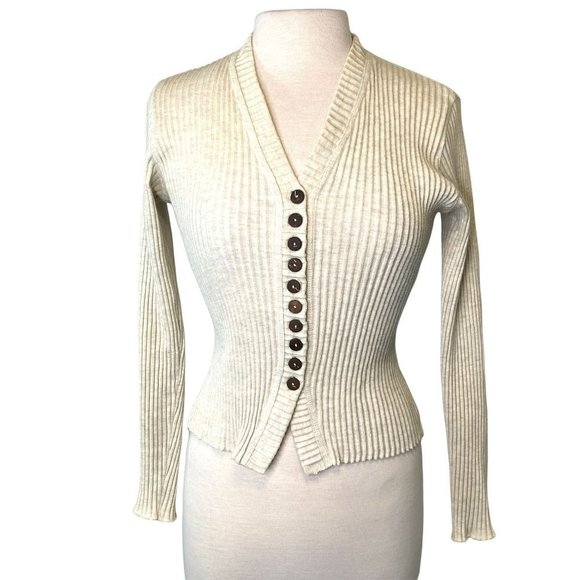 Clothes And Effect Sweaters - Ribbed Button Front Sweater Size M Light Beige Clothes And Effect Slim Fit Women